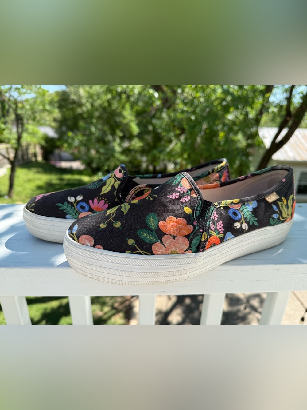 Rifle Paper Co. 🌸 Triple Deck Black Floral Slip-on Sneakers